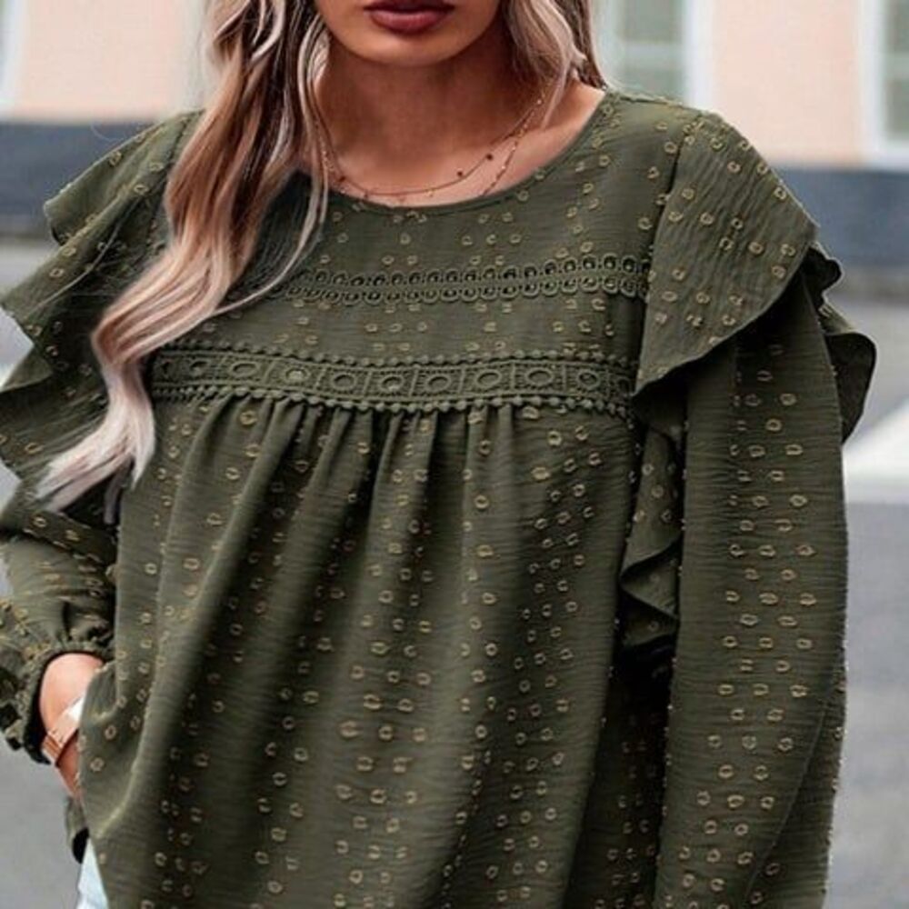 3XL Army Mist Green Plus Lace Swiss Dot Ruffle Long Sleeve Blouse Spring Easter